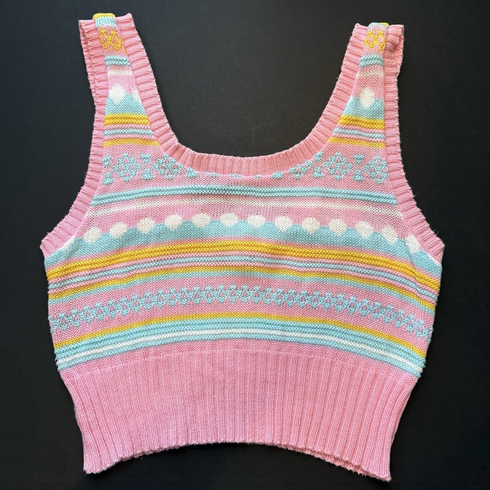 Vintage Pandora Pastel Crop Sweater Tank Womens XS Cottagecore Whimsical Twee